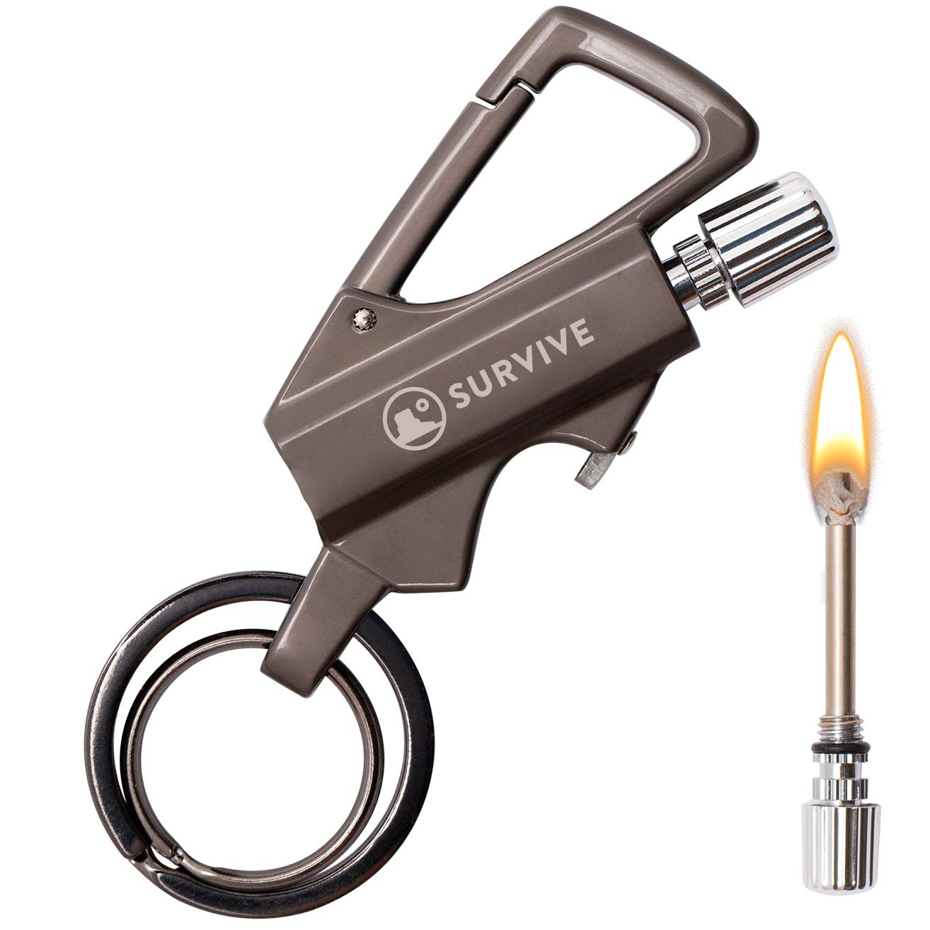 SURVIVE Permanent Match Bottle Opener Metal Keychain, Reusable Survival Fire Starter Striker Lighter, Emergency Waterproof Strike Anywhere Stick Kit (Charcoal)