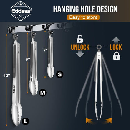 EDDEAS Tongs For Cooking - Heat Resistant 600 Degrees Stainless Steel Kitchen Tong,Heavy Duty Metal Locking Tongs - Perfect for Food, BBQ set of 3 (7",9" and 12") Grey