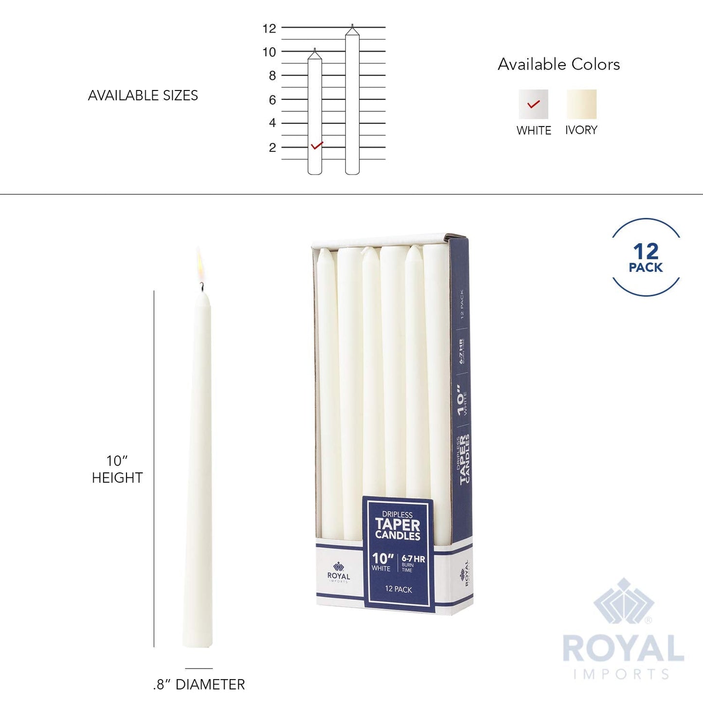 Royal Imports Unscented Taper Candles, Elegant Premium Quality, Dripless & Smokeless, Hand-Dipped Dinner Candles for Wedding, Holiday, Home Decor - 7 Hour Burn Time - Set of 12 (10 Inch, White)