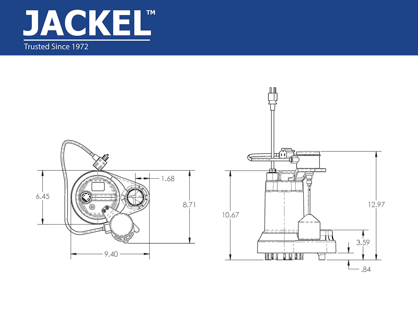 JACKEL 1/2 HP CAST IRON SUBMERSIBLE SUMP PUMP - VERTICAL SWITCH - 10FT PIGGYBACK POWER CORD - CHECK VALVE INCLUDED