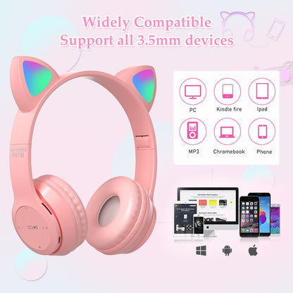 Megadream Kids Wireless Headphones, Bluetooth Over Ear Headphones with Microphone, Cat Ear LED Light Child Headset TF Card/Wired Foldable Earphones for Girls Boys Gift Age 7+ (Pink)