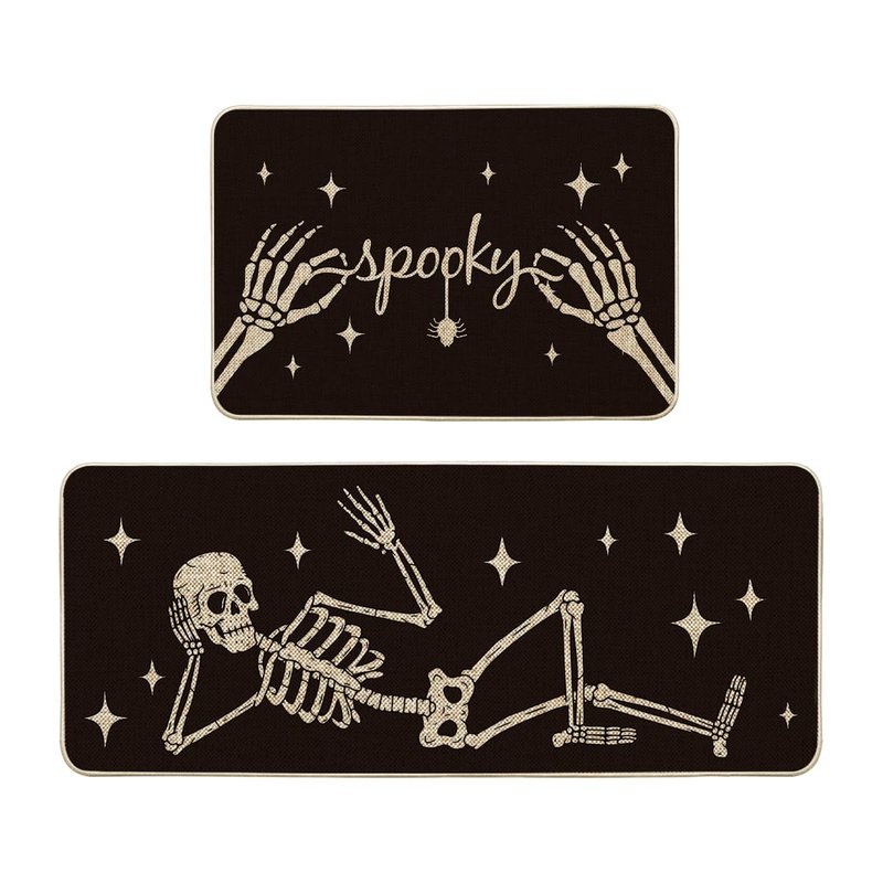 Artoid Mode Spooky Skeleton Spider Bone Black Halloween Kitchen Mats Set of 2, Black Home Decor Low-Profile Kitchen Rugs for Floor - 24x35 and 24x59 Inch
