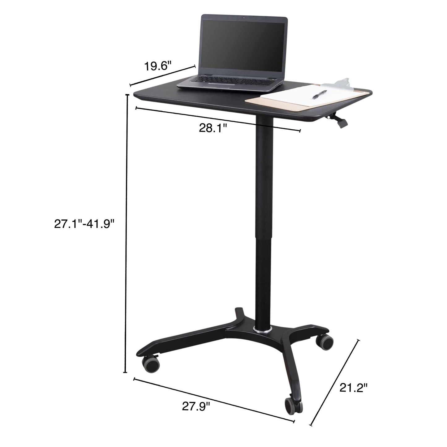 Stand Up Desk Store Pneumatic Adjustable Height Rolling Mobile Laptop Standing Desk Cart (Black Frame/Black Top, 28" Wide)