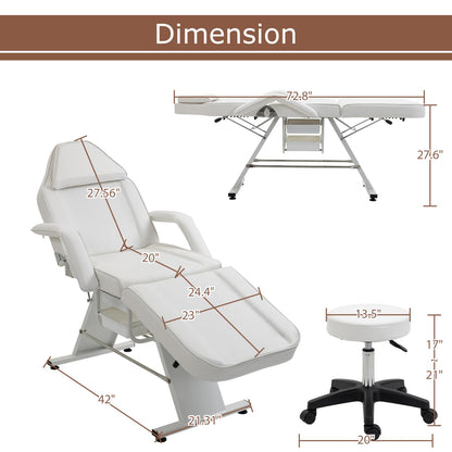 Geelife Massage Salon Tattoo Chair with Two Trays Esthetician Bed with Hydraulic Stool,Multi-Purpose 3-Section Facial Bed Table, Adjustable Beauty Barber Spa Beauty Equipment, White - Metal White -