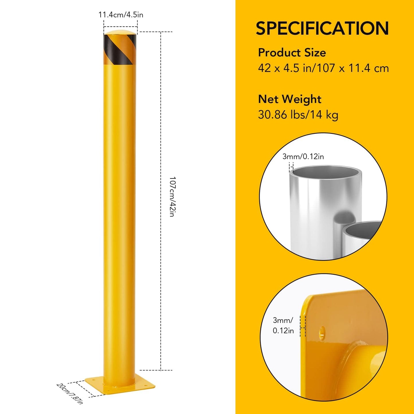 4-Pack 42 Inch Steel Safety Bollards, 4.5 Inch Diameter Parking Bollard Post with 16 Anchor Bolts, Yellow Safety Steel Bollard Post for Driveway Barrier, Traffic Control & Storefront Protection