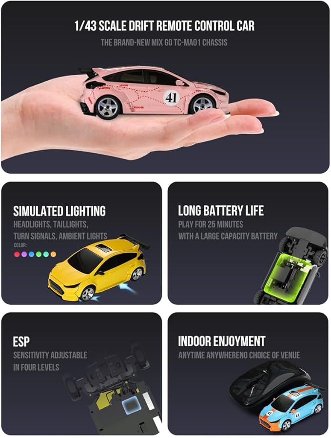 Mini RC Car with HD FPV Camera 1:43 Scale RC Drift Car for 25+ Mins Play 2.4GHz FPV Rc Car with LED Ambient Lights &amp Gyro Mini Racing Toys for Adults (RTR FPV Goggles Version/Yellow)