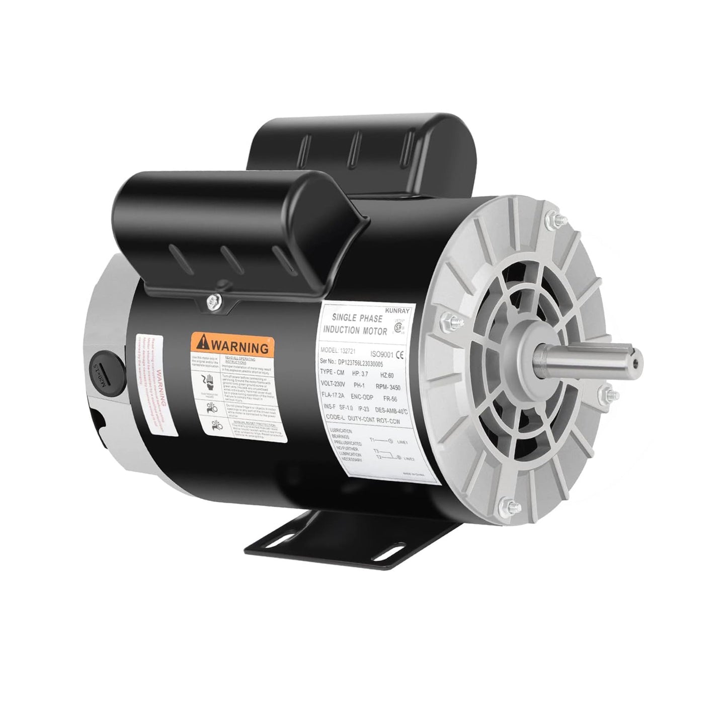 Kunray 3.7HP Air Compressor Motor, 3450RPM Electric Motor, 230V 17.2 Amps Single Phase Motor, 5/8" Keyed Shaft 56 Frame, 1.88" Shaft Length, CCW/CW Rotation
