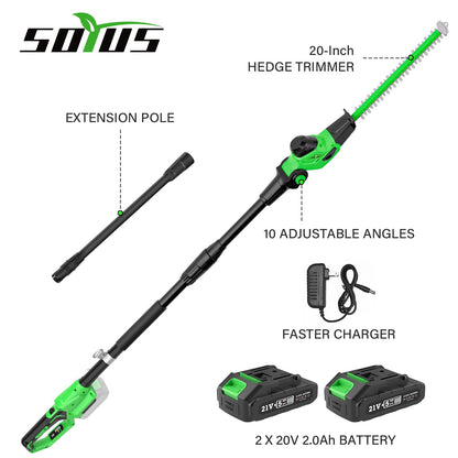 SOYUS Pole Hedge Trimmer Cordless, 18-inch Electric Hedge Trimmer with Extension Pole, 16-Foot Max Reach, Multi-Angle, 2 * 2.0Ah Batteries and Charger Included