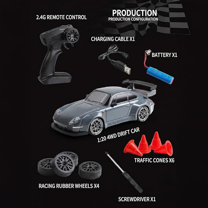 High Speed 1:24 4WD RC Drift Car with Proportional 2.4G Remote Control Dual Tire Configuration and LED Light Racing Vehicle Model for Adults Enthusiasts– Orange