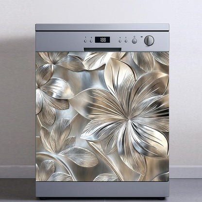 Tomhong 2D Flat Dishwasher Magnet Cover 23x26 Inch Silver Floral Kitchen Appliance Cover Decorative Front Removable Fridge Sticker Elegant Flower Art Kitchen Decor