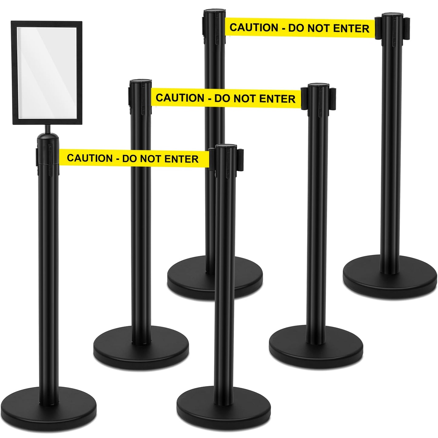 Therwen 6 Pack Heavy Duty Crowd Control Stanchions 9.8 ft Stainless Steel Stanchion Set with 6 Safety Barrier Post Retractable Belt and 1 Sign Holder Crowd Control Barrier(Caution Belt,Black)