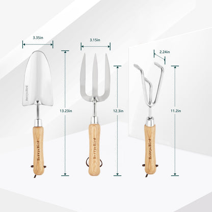 Berry&Bird Garden Tool Set 3 Pieces Stainless Steel Heavy Duty Gardening Kit Includes Hand Trowel, Hand Cultivator and Hand Fork with Wood Handle for Weeding Transplanting Digging, Ideal Garden Gifts