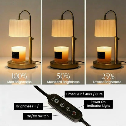 Dimmable Glass Candle Warmer Lamp with Timer - Adjustable Height Candle Lamp Warmer with Timer (8H/4H/2H) - Wax Melter - Ideal Gift, fits Various Size Scented Candles - 02 Bulb - (Gold Metal)