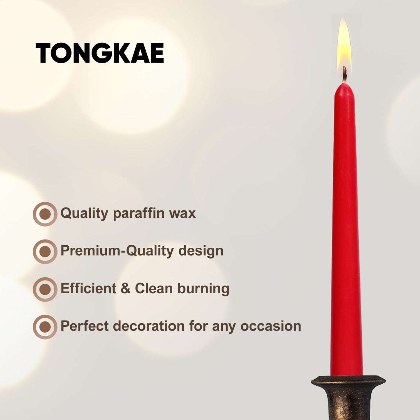 TONGKAE Taper Red Candles, Set of 4, Unscented, Smokeless, Dripless, 10 inches, Cotton Wick, 7-8 Hours Burn Time, for Dinner, Wedding, Party, Holiday, Religious Events, Home Decor