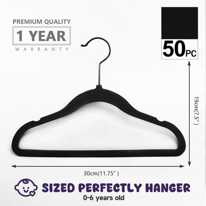 MIZGI Baby Velvet Hangers,Non-Slip Kids & Toddler Hangers,11.8 Inch Hangers for Baby Clothes,Pack of 50(Black/Black)