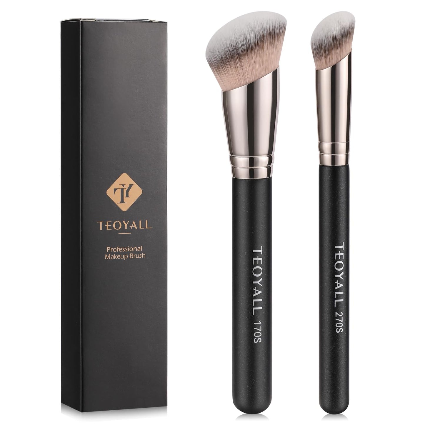 TEOYALL Foundation Contour Conceal Brush Set, 3PCS Angled Synthetic Kabuki Brush for Blending Setting Buffing with Liquid, Cream and Powder Cosmetic (170S/270S/370S)