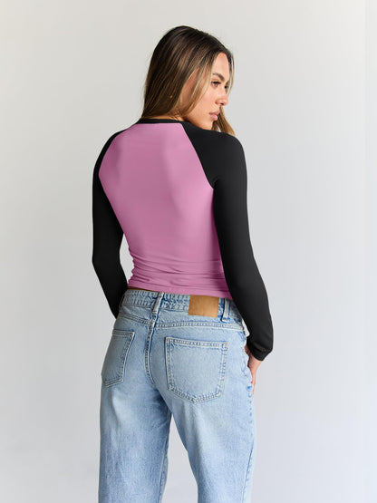 Trendy Queen Women's Long Sleeve Shirts Slim Fit Stretchy Color Block Slightly Cropped Tops