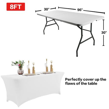 IVAPUPU 2 Pack 8FT Spring Table Cloth for Rectangular Fitted Events Stretch White Table Covers Washable Spandex Tablecloth Protector for Party, Wedding, Cocktail, Banquet, Festival