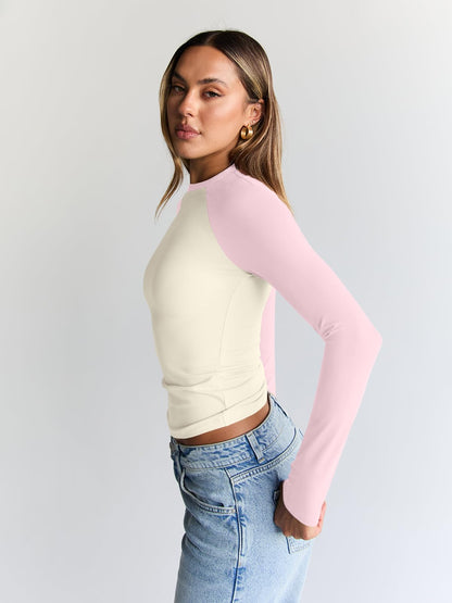 Trendy Queen Women's Long Sleeve Shirts Slim Fit Stretchy Color Block Slightly Cropped Tops