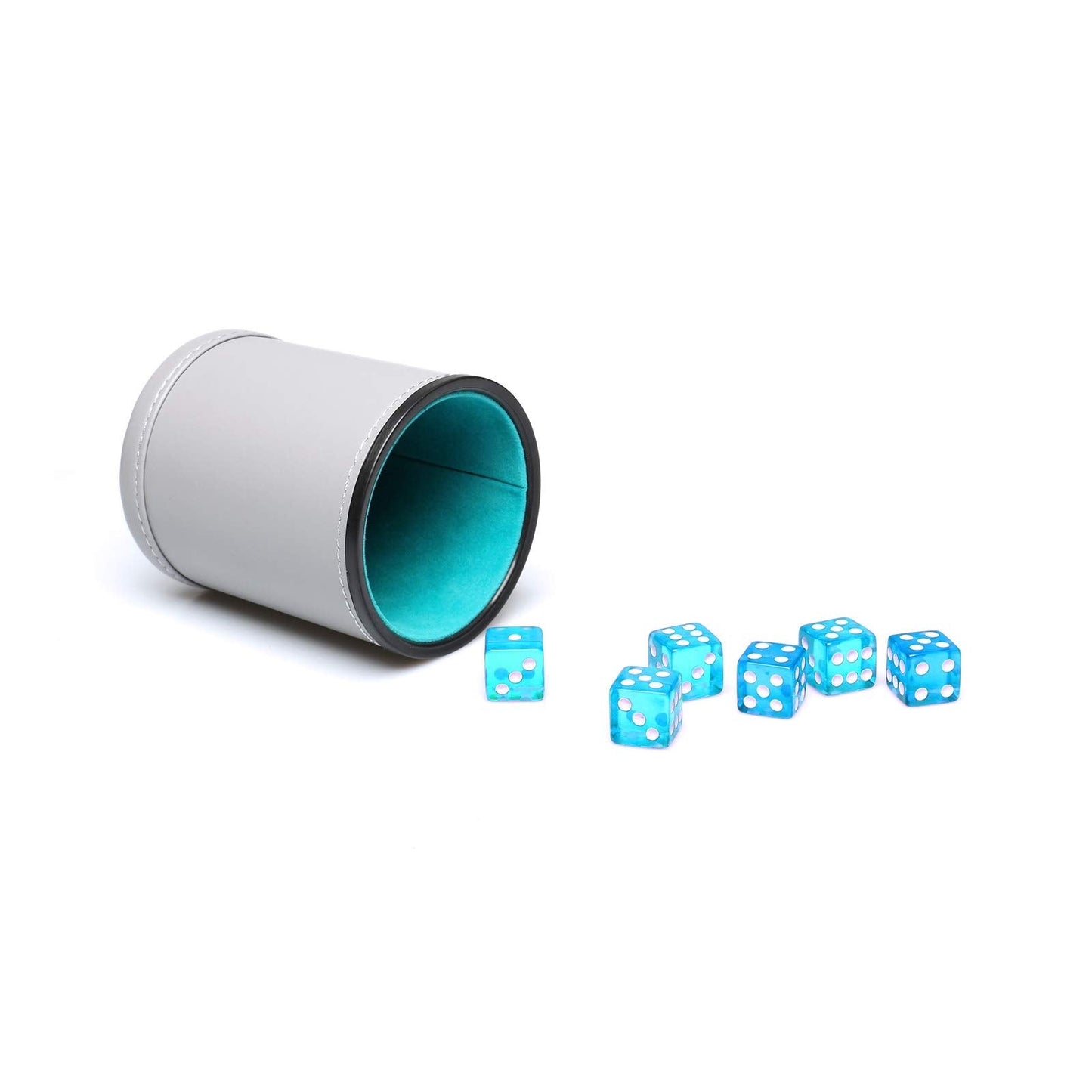 RERIVER Leatherette Dice Cup Set Lake Blue Velvet Interior Quiet in Shaking with 6 Matching Translucent Dot Dice for Liars Dice Farkle Yahtzee Board Games, 1 Pack
