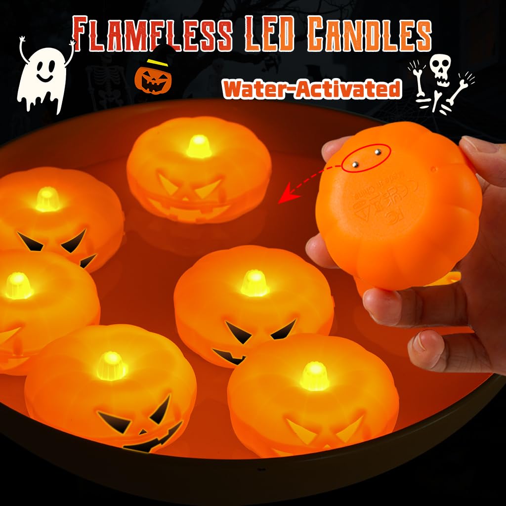 2.3” x12PK Orange Floating Candles-Halloween Flameless Water - Activated Candles, 180+ Hours Long - Lasting- Fall Decorations- Pool Decor-Thanksgiving Decorations