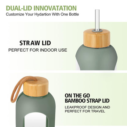 OxyFlask Glass Water Bottles 32 oz - Motivational Drinking Glass Water Bottle with Silicone Sleeve, Straw & 2 Bamboo Lids - 1 Liter Clear Borosilicate Daily Intake Tumbler with Time Marker - Olive