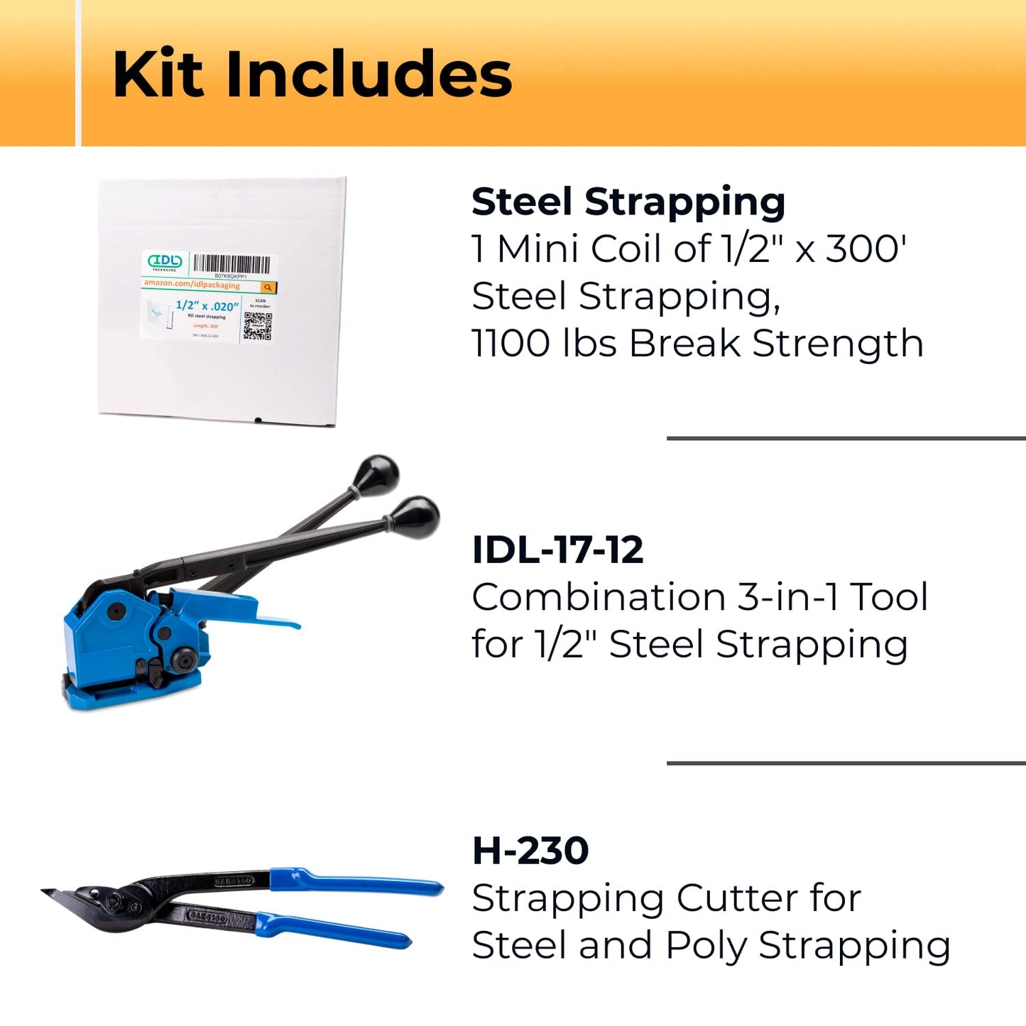 IDL Packaging PRO 1/2" x 300' Steel Strapping Kit, 1100 lbs Break Strength – with Innovative IDL-17-12 Combination Tool, No Seals Required – Complete Packaging Strapping Solution