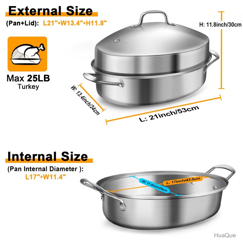 Large Roasting Pan with Rack and Lid, Gifts for mom women wife, Stainless Steel Large Oval Roaster, Nonstick Oven Cookware for Turkey Chicken, 21 Inch
