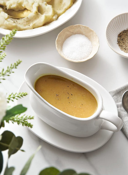 LE TAUCI 17oz Gravy Boat with Saucer Stand, Set of 1, Ceramic Sauce Boat with Tray for Salad Dressings, Creamer, Broth, Black Pepper, White