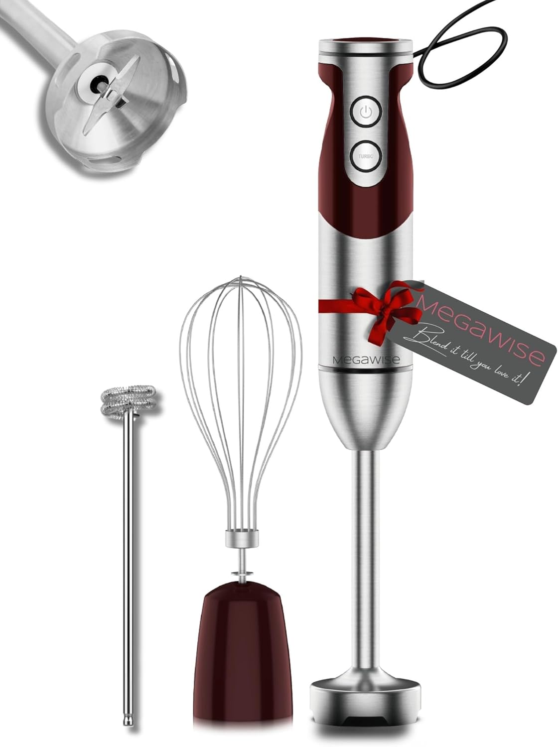 3- in-1 Immersion Hand blender, Powerful MOTOR & Stainless Steel Stick Blender, 4 Sharp Blades with Whisk, Milk Frother Attachments