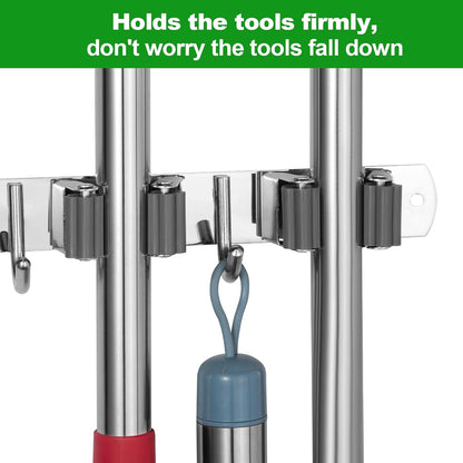 Voze Mop and Broom Holder - 3 Racks & 4 Hooks, Heavy-Duty Self-Adhesive Organizer for Home & Garage