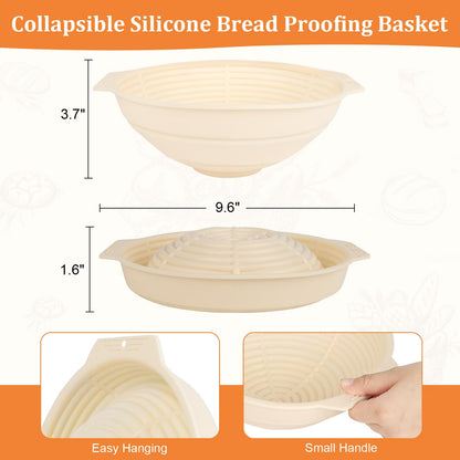 ORANGAROOS Sourdough Baking Supplies Kit Including 9 inch Round Silicone Banneton Basket, Dough Scraper, Bread Lame, Danish Whisk and Bread Bag;Proofing Basket Set for Home Bakers