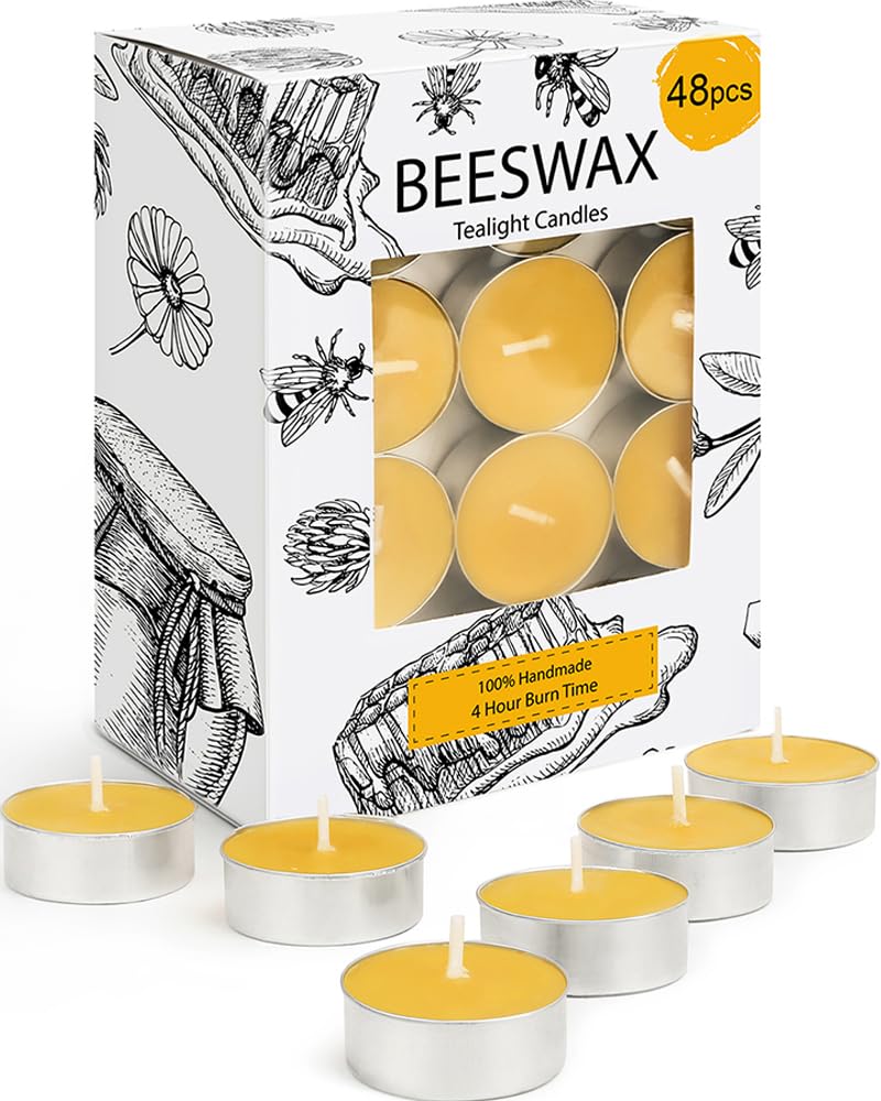 48 Packs Beeswax Tealight Candles, Natural Beeswax Tea Light Candles in Aluminum Cup, 4 Hours Burn Time, Organic Tea Candle for Home Decor, Air Purification, Emergency