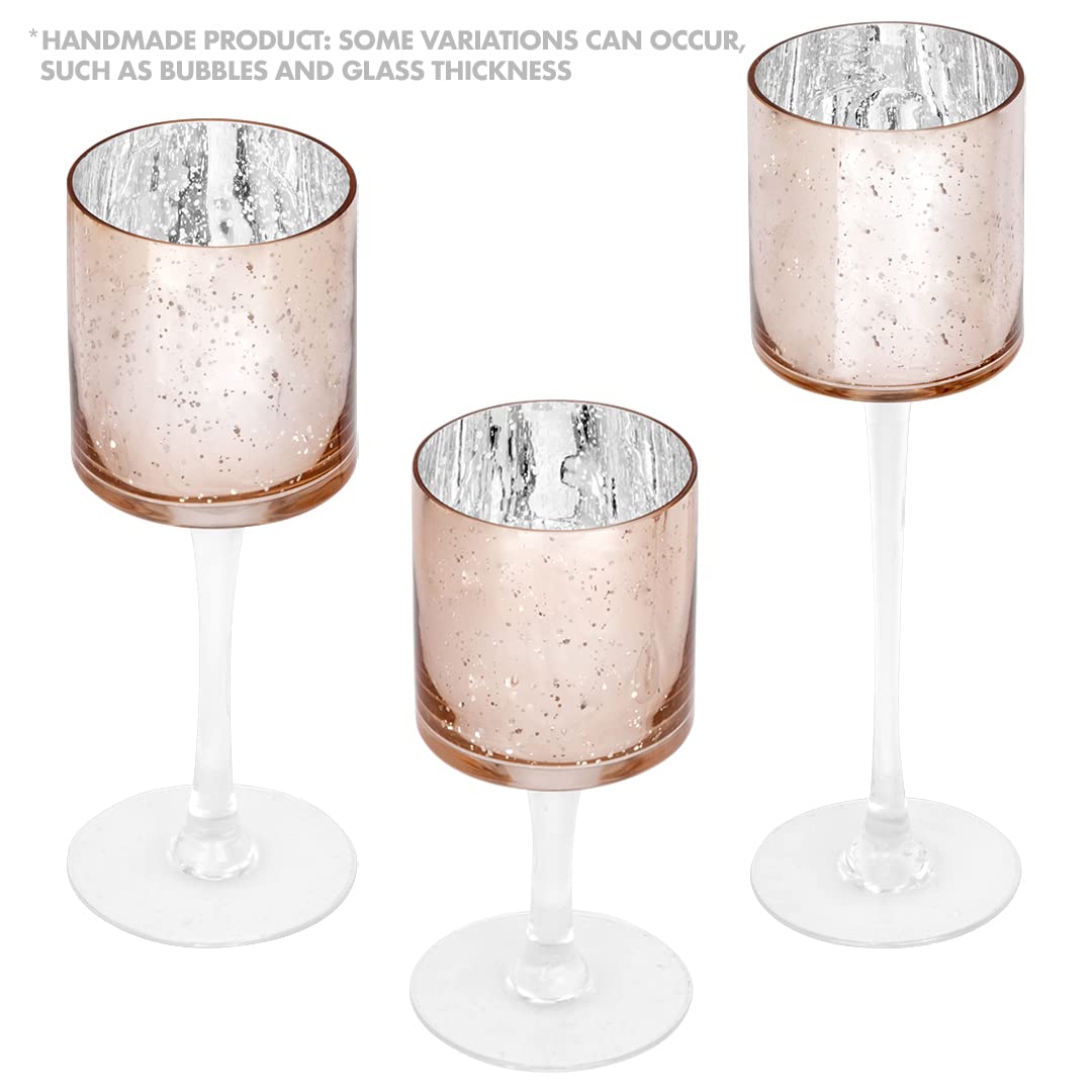 Koyal Wholesale Rose Gold Candle Holder Set of 3, Long Stem Candle Holders, Rose Gold Glass Floating Candle Holders, Tall Gold Tea Light Holders for Table Centerpiece, Tall Tealight Candle