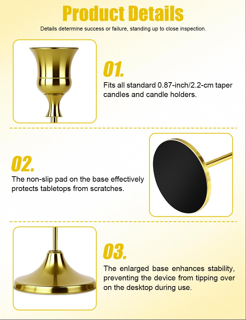 2 Sets(6 Pcs) Brass Tapered Candle Holder,Candlestick Tall Metal Candlestick Holders for Table Centerpiece Home Decor for Wedding Fireplace Mantel Housewarming Gift Fits 3/4 Inch Thick Candles