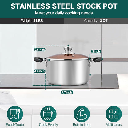 TeamFar 3 Quart Stock Pot, Stainless Steel Stock Pasta Soup Pot with Lid, Tempered Glass Lid & Double Heat-Proof Handles, Non-Toxic & Healthy, Heavy Duty & Dishwasher Safe
