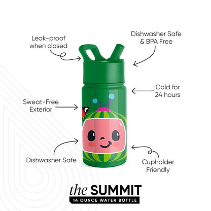 Simple Modern Kids Summit Water Bottle with Straw Lid | CoComelon 14oz Stainless Steel Cup Insulated Tumbler for Toddlers, School | CoComelon Watermelon