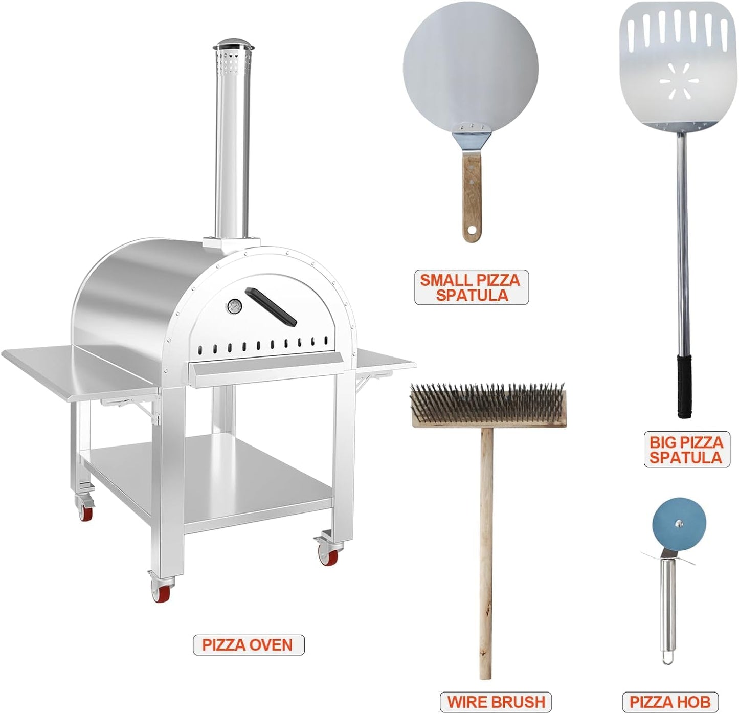 Garvee 44 Inch Pizza Oven Outdoor,Wood Fire & Propane Gas Dual Fuel with Wheels and Accessories in Stainless Steel for Restaurant, Backyard, Garden, Patio, Camping, Silver