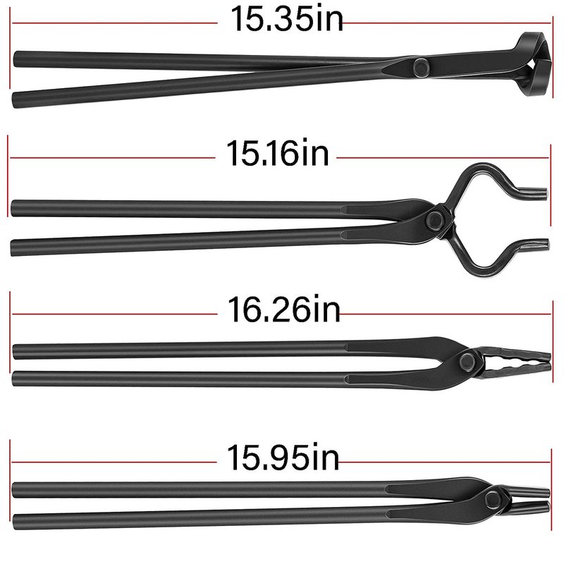 Blacksmith Forging Tools Knife Making Tongs Set Fire Tongs Anvil Blacksmithing Tongs Forge Tools Includes V-Bit Bolt Tongs, Wolf Jaw Tongs, Flat Tongs, Blade Tongs (Pack of 4)