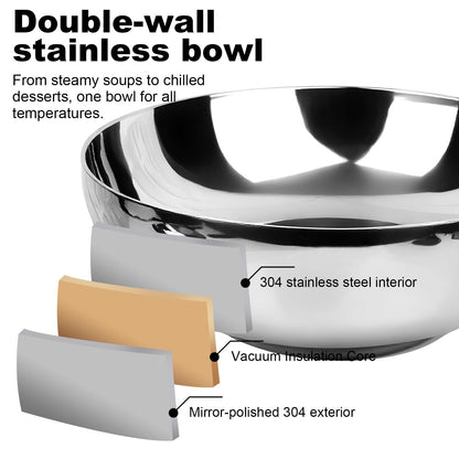 LANGMINGDE 6-Piece 304 Stainless Steel Pasta Bowl Set, 47 Fl Oz (8.7 Inches), Double-Layer Insulated And Heat-Resistant, Salad Bowl, Chilled Bowl, Ice Cream Bowl, Party Sauce Seasoning, Dining Bowl.