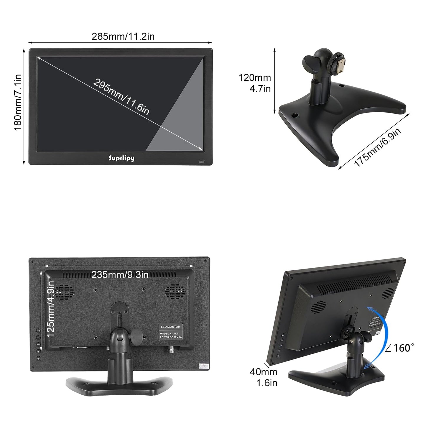 Suprlipy 12 inch FHD Small IPS Monitor LCD Display Screen 1920x1080 60Hz 16:9 with BNC VGA AV Input Built-in Lounspeakers for CCTV Security Camera DVR PC RasPi
