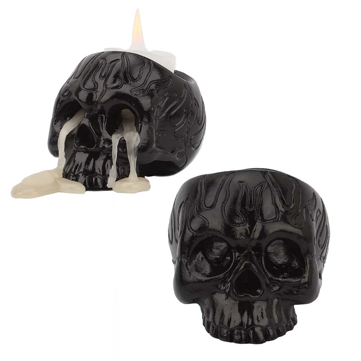 UnionKK Pack of 2 Halloween Decorative Skull Candlestick Holder Resin Skeleton Candle Holder Home Bar Decoration (Black 2PCS)
