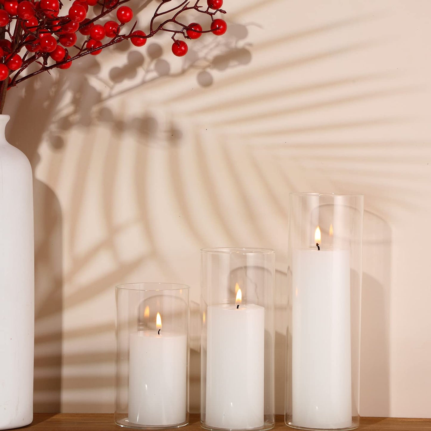Shihanee 36 Pcs Pillar Candles and Glass Cylinder Vases Tall Cylinder Holders for Pillar Candles Wedding Centerpieces, Total 18 Sets(2.6'' X 4.7'', 5.9'', 7.9'',Clear,White)
