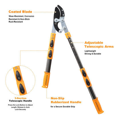 Loppers for tree trimming heavy duty extendable 24.8-43.7 inches,Tree pruning shears Rust Resistant Sharp Steel Blade Tree Limb Trimmer，Shock-Absorbing design, Non-slip Handle，Garden Tools