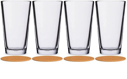 AMZ Empire 16 oz Pint Drinking Glasses Extra Strong - Stackable Highball Glass Cups Set of 4 Tempered Rim Clear Heavy Base, Case of 4 w/coasters