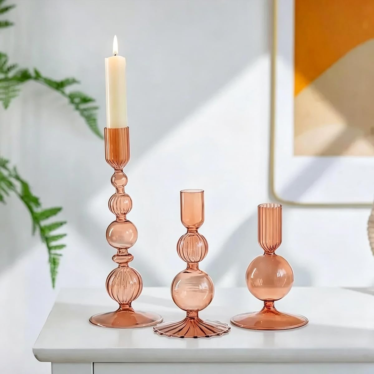 Mineaud 3Pcs Glass Candlestick Holders Glass Taper Candle Holders Groovy Wavy Elegant Candle Stick for Home Party Decoration,Brown