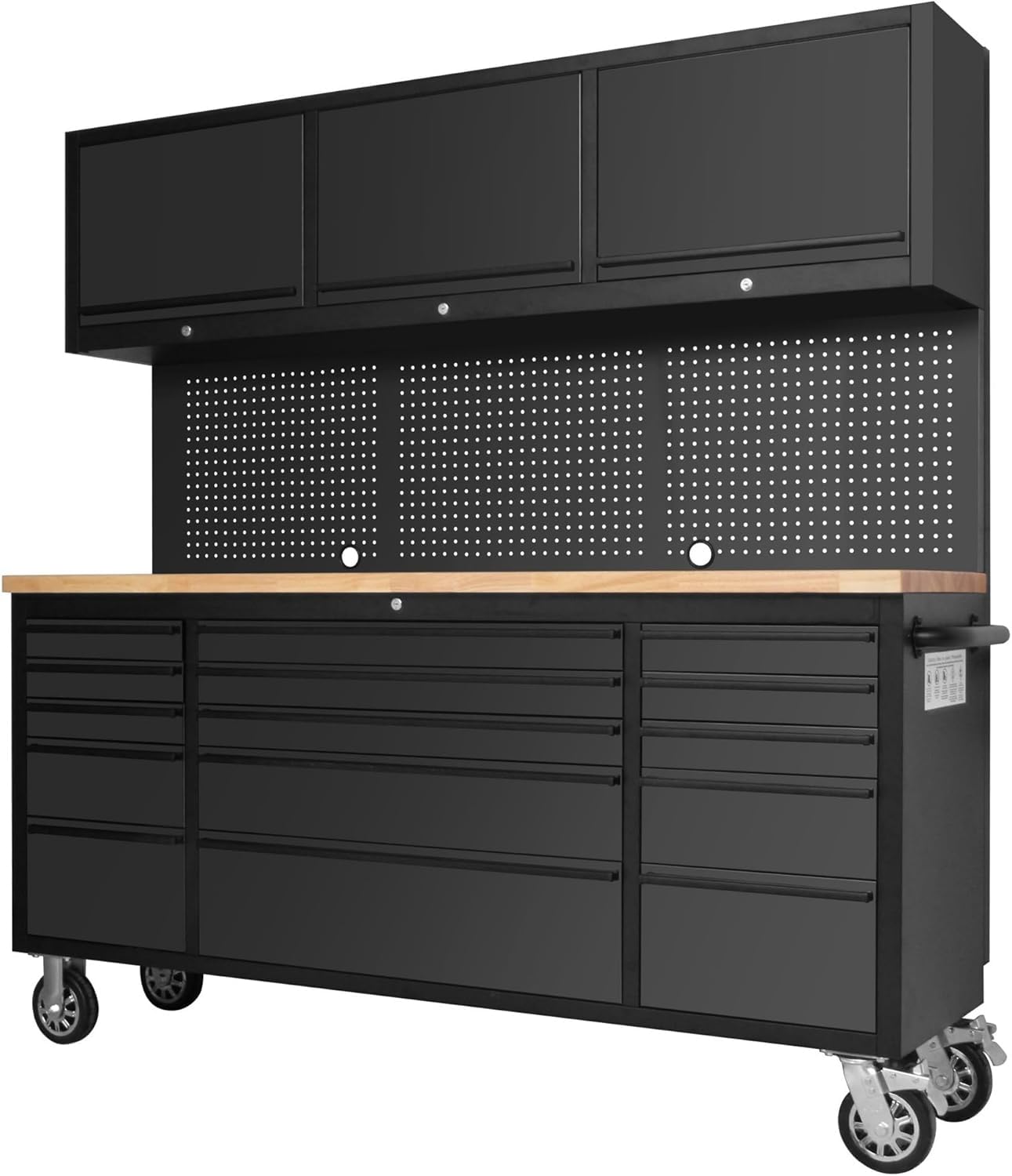 MERXENG 72-inch Rolling Tool Chest Cabinet Garage Workbench with 15 Storage Drawers and Wheels, 3 Upper Cabinet, Pegboard, Steel Large Tool Box for Garage Workshop, Matte Black
