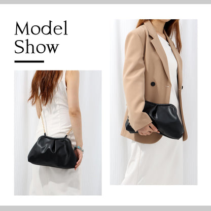 Oweisong Soft Leather Clutch Purse for Women Silver Cloud Evening Handbag Ruched Dumpling Bag for Vacation Party