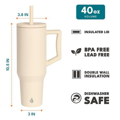 Elemental 40 oz Tumbler with Handle and Straw - Spill Proof Insulated Stainless Steel Commuter for Cold Beverages - Travel Coffee Mug with 2 Straws & Spill Proof Lid - 40oz - Beige