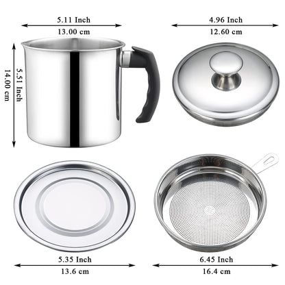 Berglander Bacon Grease Container With Strainer 47oz/1.4L, Stainless Steel Oil Storage Container with Fine Mesh Strainer Dust-proof for Storing Frying Oil and Cooking Fat, Cooker Accessories